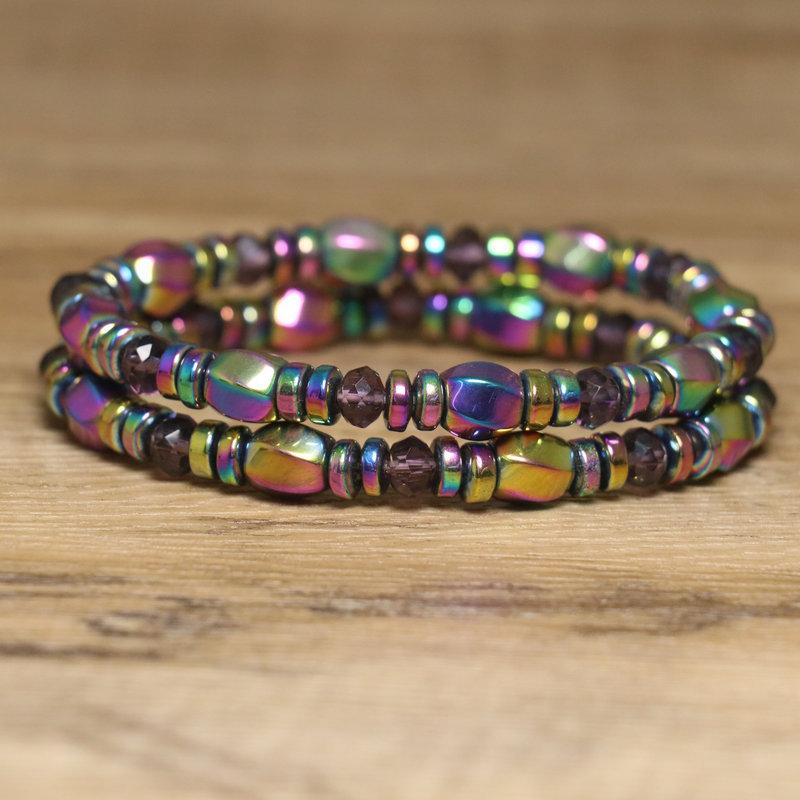 Rainbow Hematite & Crystal Bead Bracelet – Iridescent Boho Jewelry, Energy Balance Gift for Men & Women