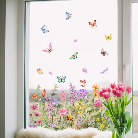 Frühling Sommer Fensteraufkleber Wildblumen Schmetterling Floral Fensterdekor Aufkleber Selbstklebend PVC Sticker für Zuhause Party Geschäft Fenster Glastür