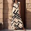 Women's V-neck Sleeveless Abstract Geometric Printing Long Dress Loose Drop Hem Side Split Fork Holiday Style Casual Even