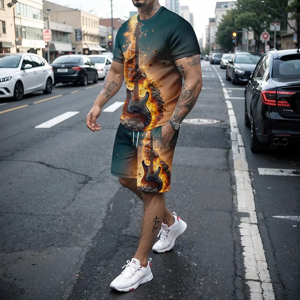 Summer Men's Two-piece 3D Music Instrument Short Sleeved Shorts Set Men's Running and Leisure Art Set Men's Clothing