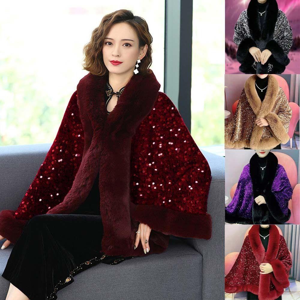 Warm Plush Shawl Autumn Winter Thicken Cardigan Soft Fur Collar Sequined Shawl