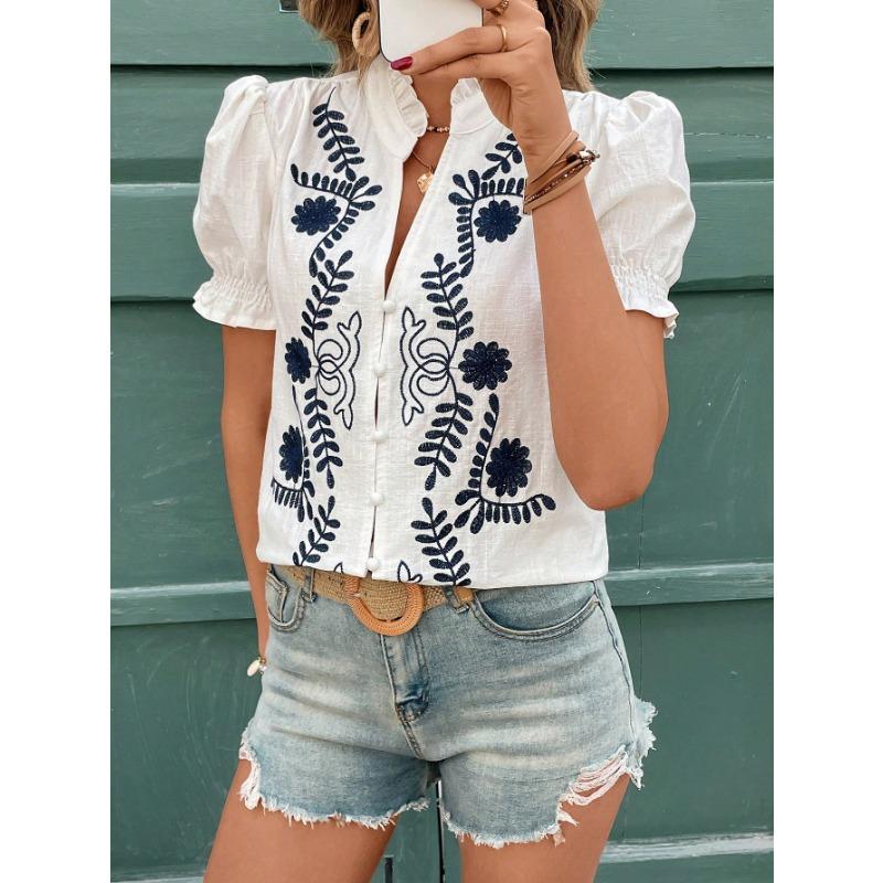 

YYFS женские модные повседневные летние весенние блузки и рубашки с цветочным узором и коротким рукавом с v-образным вырезом S белый