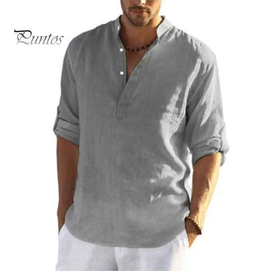 

Мужская рубашка с воротником-стойкой, длинным рукавом и запонками, однотонный свободный топ для повседневной носки на пляже, пуловер средней длины, на пуговицах M серый