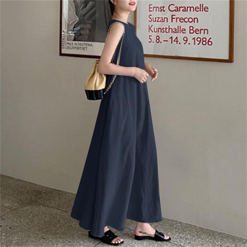 

Женское летнее платье без рукавов из хлопка и льна на бретелях-спагетти с карманами 5XL темно-синий