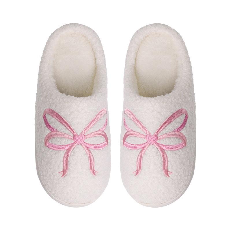 Plot Gift Barbie Fan with Knot Cotton Slippers Women's Indoor Autumn and Winter Comfortable Towel Embroidered Fluffy Slippers