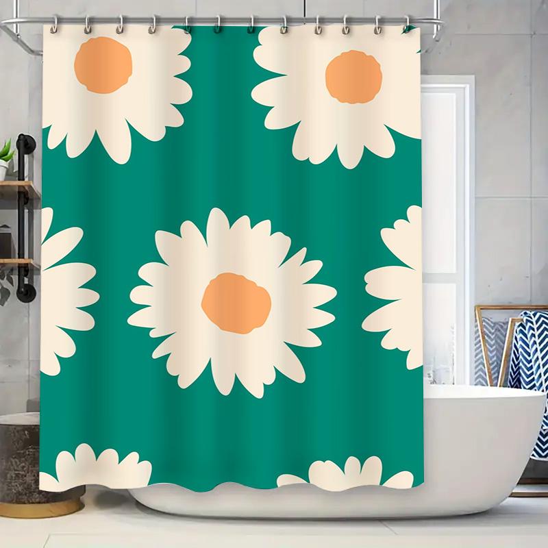 Modern Floral Shower Curtain White Daisy with Green Background, Polyester Fabric for Bathroom Decor Size Customizable 90x180cm