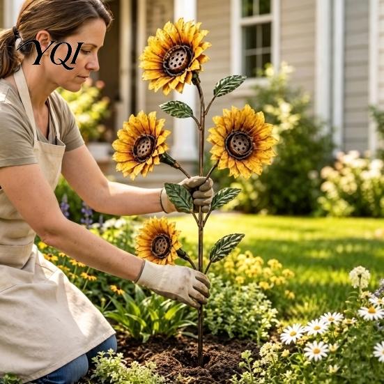 Sturdy Soil Mount Bird Feeder Vintage Sunflower Hummingbird Feeder, Metal Garden Stake Water Station, Decorative Nectar Cup for Hummingbirds