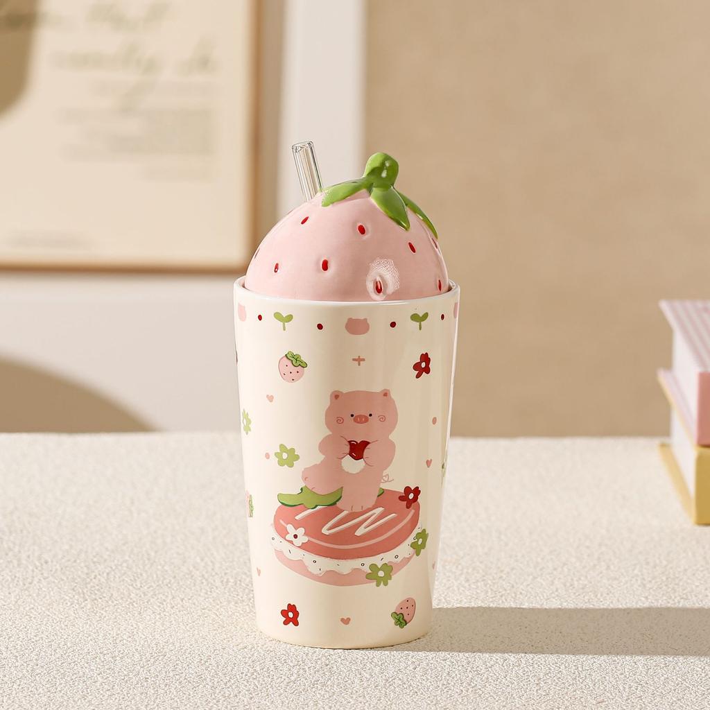 Fruit Strawberry Ceramic Cup with Lid Straw House Mug Festive Cup for Girls' High Value Water Cup Small Gift