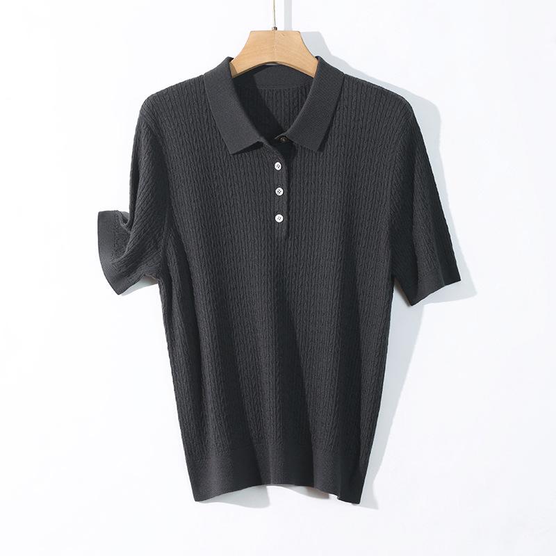Women's Retro Flower Button Knit Polo Top - Machine Washable Wool, Short Sleeve, Lapel Collar for Autumn/Winter