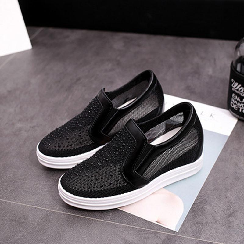 Fashion Comemore White Shoes Spring and Summer Wedge High Heels Women's Vulcanize Shoes Mesh Breathable Round Head Rhinestone Loafers