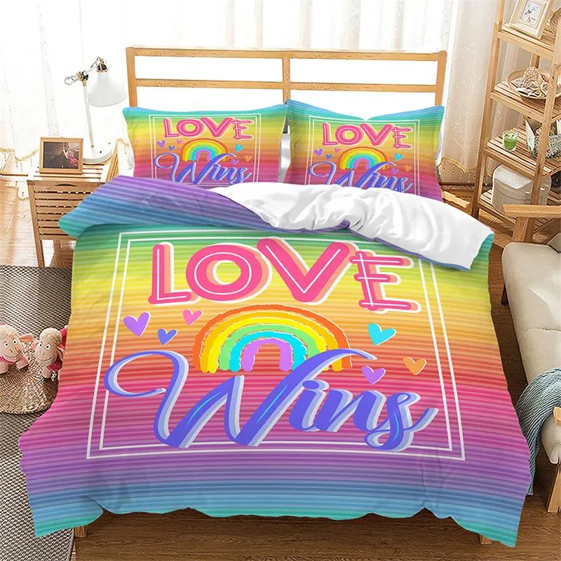 Rainbow Pride Bettwäscheset Regenbogenflaggen Bettbezugset Regenbogenstreifen-Design 3 Teile Weiche Mikrofaser-Bettwäsche Queen King Size