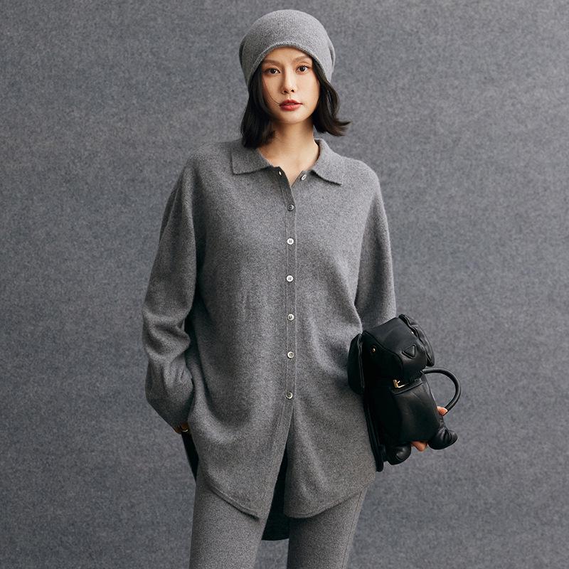 Women's Mid-Length Cashmere Cardigan Sweater - Autumn/Winter Style with POLO Collar