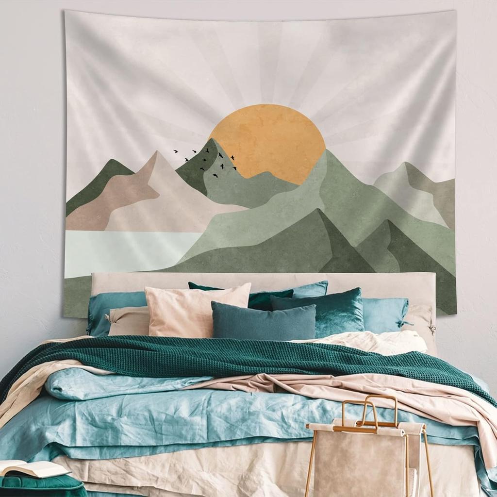 SUOTEMEIFEI Sage Green Mountain Sun Boho Tapestry,Simple Art Sunrise Nature Tapestry Sunset Landscape Abstract Aesthetic Wall Bedroom Living Room
