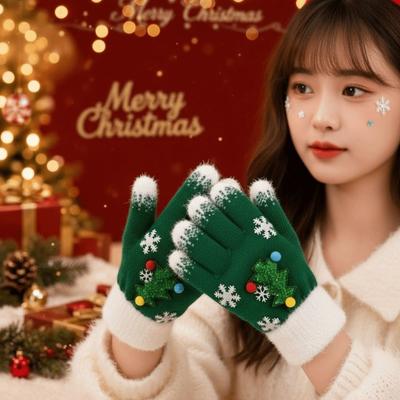 Red Green Winter Knit Mittens Knitted Woolen Full Finger Gloves Christmas Gloves  Party Wear
