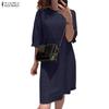 ZANZEA Damen Lässig Rundhals Sommer Halbarm Patchwork Kleid
