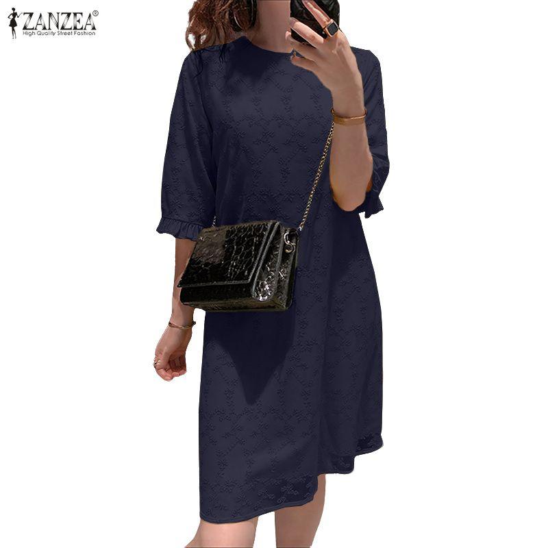 ZANZEA Damen Lässig Rundhals Sommer Halbarm Patchwork Kleid