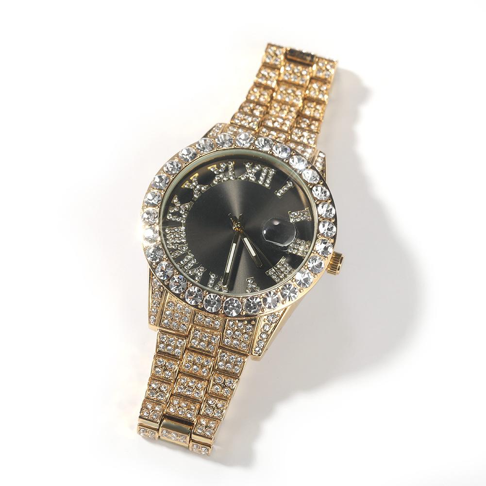 Roman Numerals Diamond-encrusted Men's Watch Trendy Brand Green-faced Large Dial Quartz Watch, One Piece Is Sent On Behalf of Others.