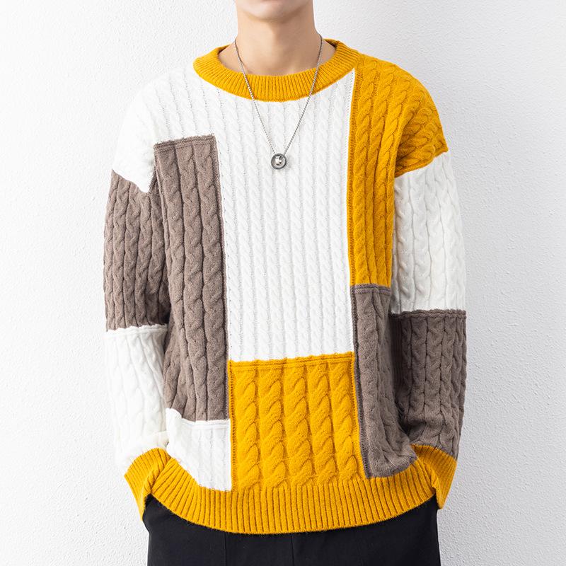 Men's Retro Color Block Slim Fit Sweater - Youthful Lazy Style Round Neck Knitwear Top for Autumn and Winter