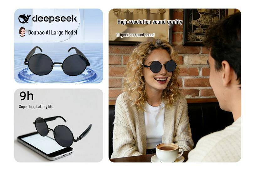 AI Smart Glasses with Bluetooth Calling & Music, Retro Oval Frame Sunglasses, Black Technology