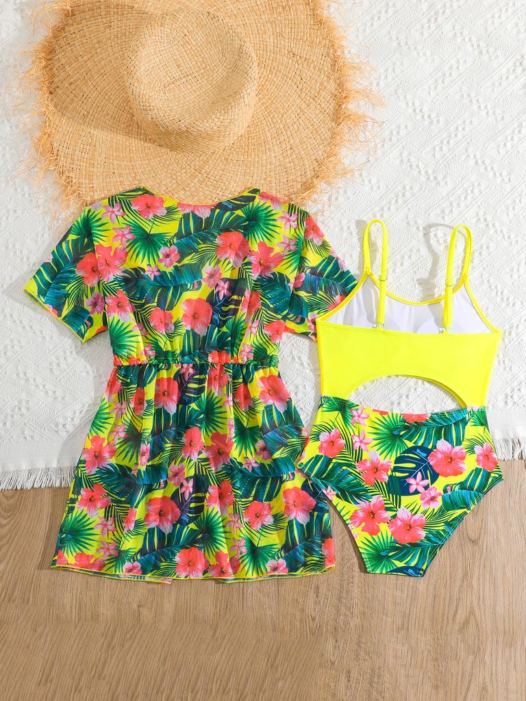 Girls' Fashion 3 Pieces Swimwear Set Floral Printed Tank Top Short Sleeves Lace Up Cover-Up Swimsuit  Bathing Suit
