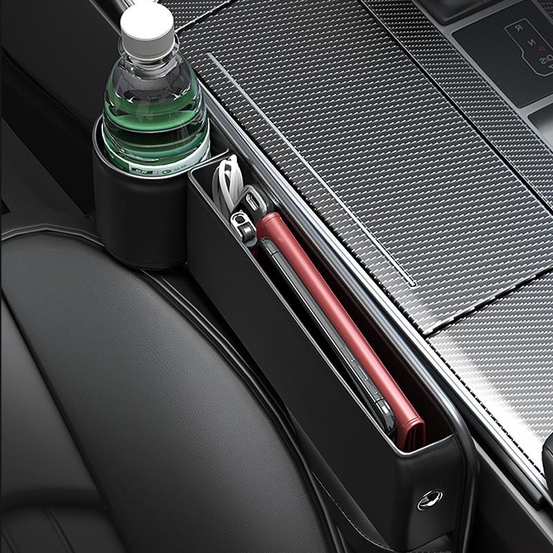 Universal Left Side PU Leather Console Side Seat Filler Organizer Cup Holder x1