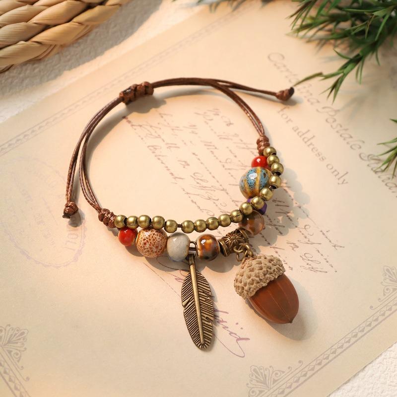 Hand woven ceramic plant acorn bracelet natural fruit hand rope retro literary bracelet women