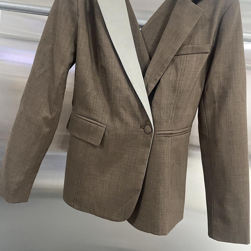 Women's Spring 2026 Slim Fit Brown Color-Block Suit Jacket - Professional & Stylish