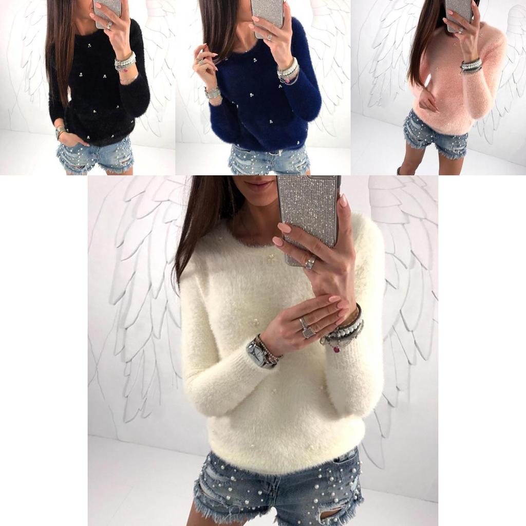 Cozy Women Plush Beaded Sweater Casual Solid Color Fur Sweatshirt With O-neck