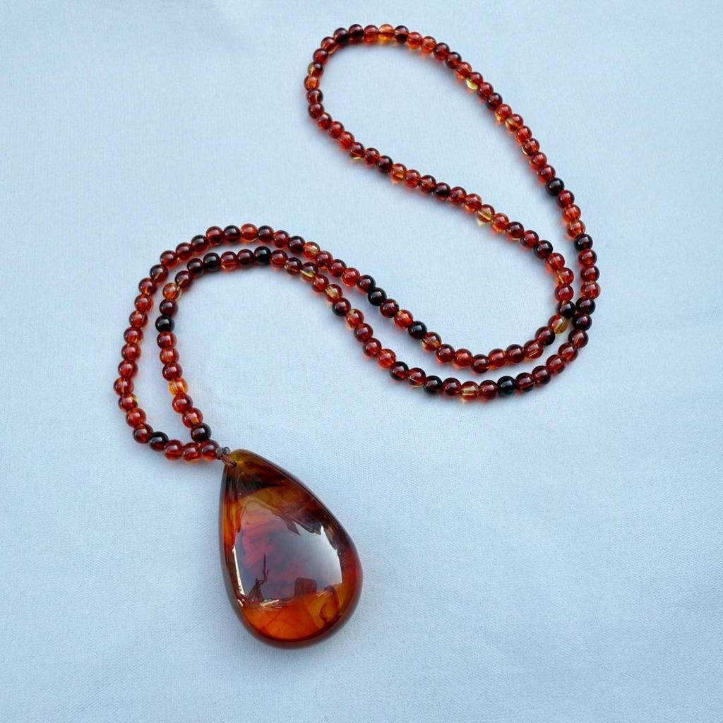 Amber Beeswax Teardrop Pendant Necklace for Men & Women - Blood Vein Charm, Ethnic Style, Peace & Safety Sweater Chain