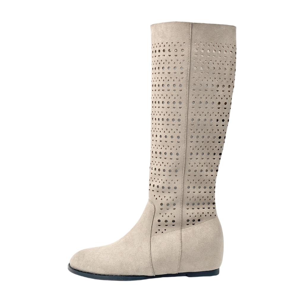 Cattle Suede Heightened by 5 Cm Maillard Hollow Flat-bottomed Boots Women's Autumn New Retro But Knee Knight Boots