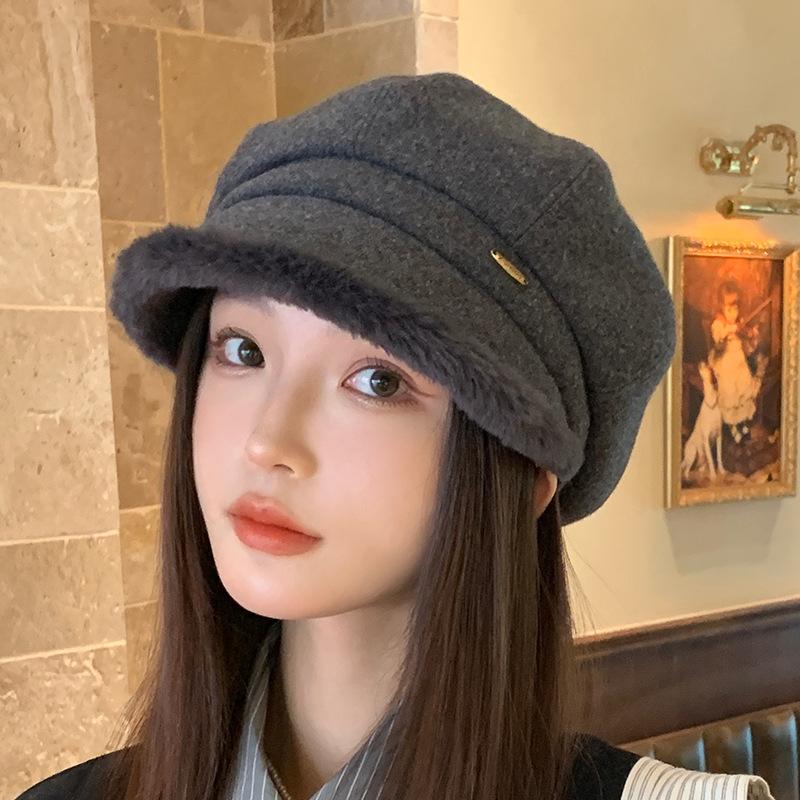 Fisherman Hat Women's Autumn and Winter New Fashion Revealing Small Versatile Basin Hat Plus Velvet Warmth Ear Protection Octagonal Hat Trendy