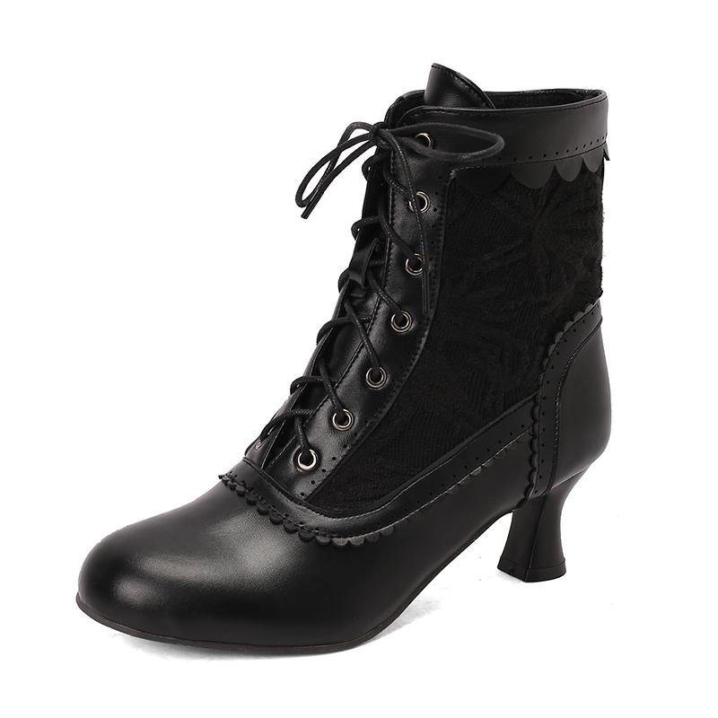 New Lace Up Ladies High Heel Shoes Strange Steampunk Boot Victorian Ankle Boots Women Pointed Toe Thick Soled Short Boots