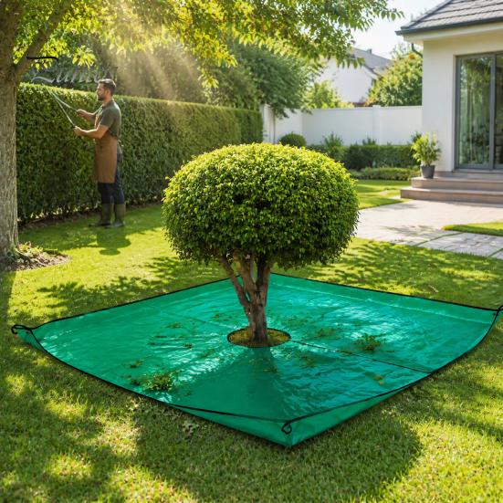 Outdoor Fall Cleanup Supply Landscape Pruning Tarp with Hole, Metal Buckles, Waterproof Waste Tarp, Hole Garden Tree Bush Trimming for Collecting