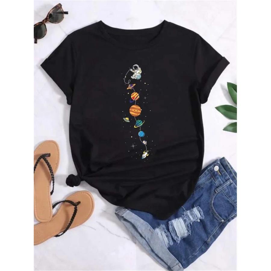 Cute Astronaut Planet Graphic Print Women T-Shirt Cartoon Short Sleeve O-Neck Shirt Casual Female Tops Women's Clothes