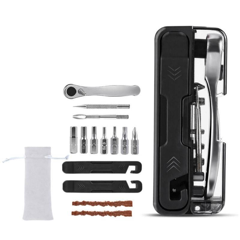 

Компактный набор инструментов для складного велосипеда 14 функций, включая стальные трещотки, гаечные ключи и аксессуары для экстренного ремонта шин 1