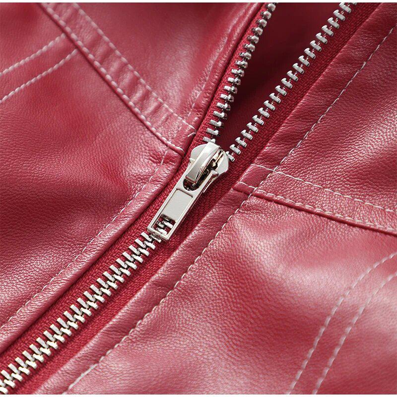 Retro Spliced Leather Zipper Jacket - Fall/Winter 2024, Long-Sleeve Lapel Coat