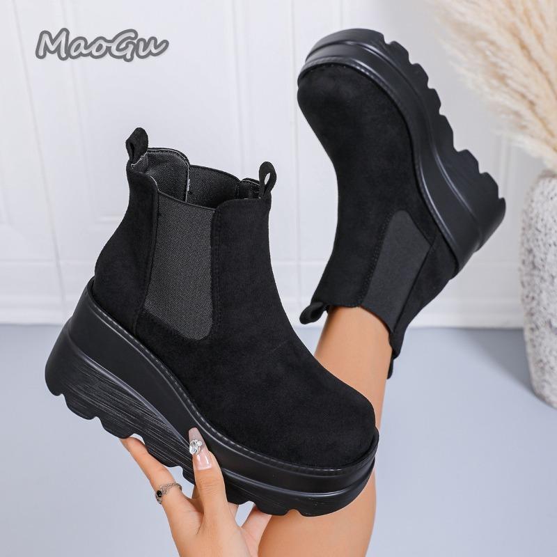 Women's Autumn Winter New Suede Wedge Ankle Boots Platform Chunky Block Heel Fashion Boots Plus Size 35-42 Black Botas Mujer