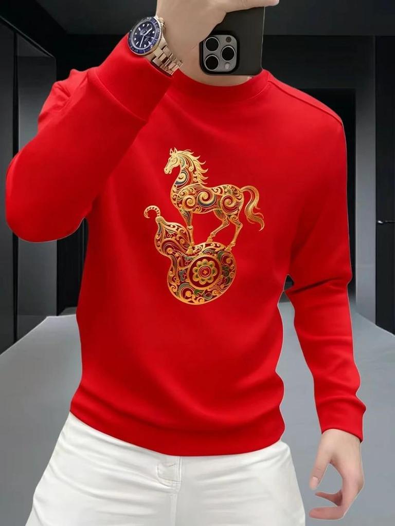 Men's Heavyweight American Style Round Neck Sweatshirt - Spring/Autumn, Long Sleeve, Loose Fit, Plus Velvet for Extra Warmth