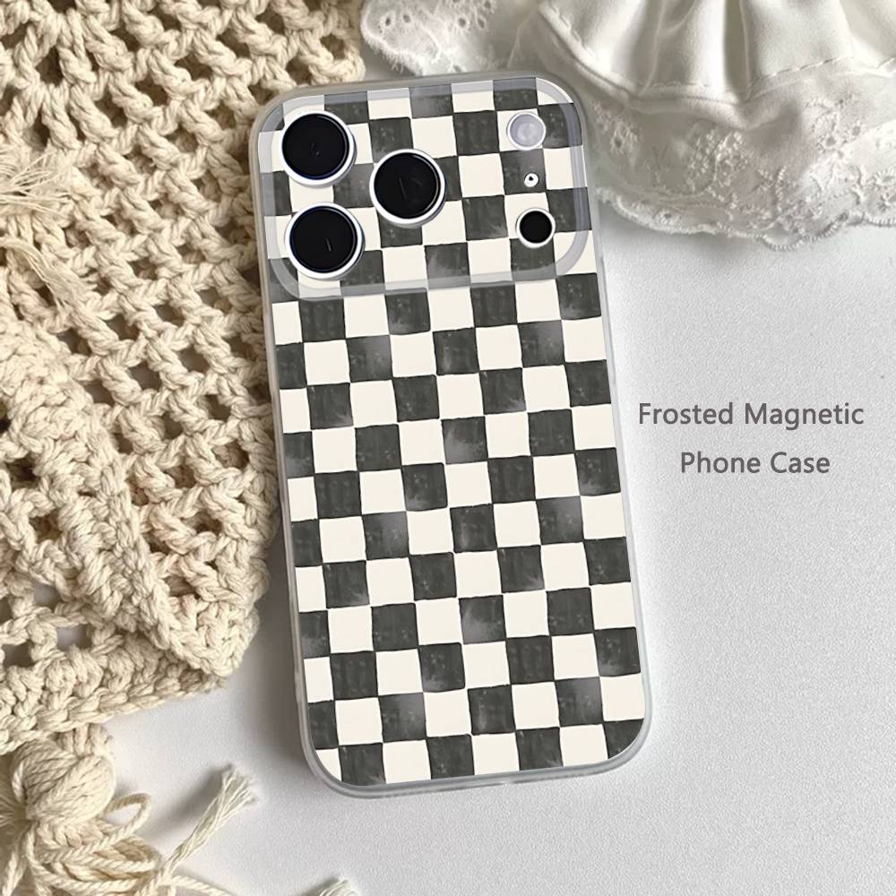 Black White Checkered Phone Case For iPhone 17,16,15,14,13,12,11 Pro,Max,Plus,Mini,Air,E Magnetic Frosted Clear