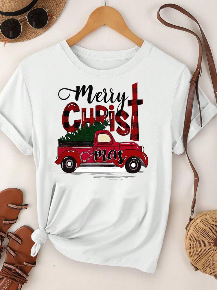 (Asian Size)  Merry Christmas Tee Top festival New Year Holiday Casual lovely letter trend Women Print Lady Short Sleeve Fashion Graphic T-shirts