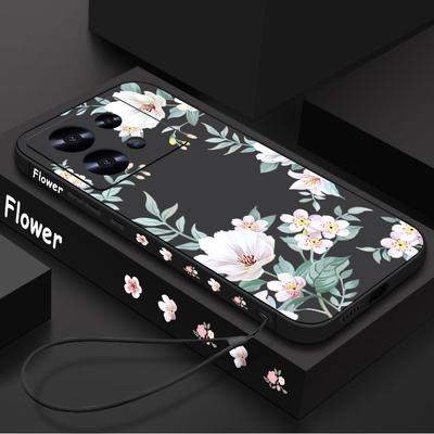 Plain Floral Print Slim Matte Case For Xiaomi 13T Pro Poco F6 X6 X5 Redmi Note 14 Pro 13 12 11 Lanyard TPU Soft Shockproof Phone Cover
