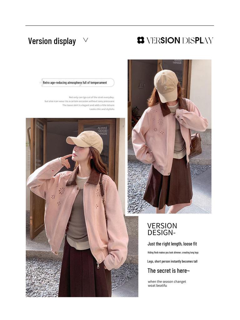 Korean-Style Pink Suede Short Jacket for Women - 2025 Autumn, Hollow Design, Age-Defying, Petite Fit, Fashion-Forward.