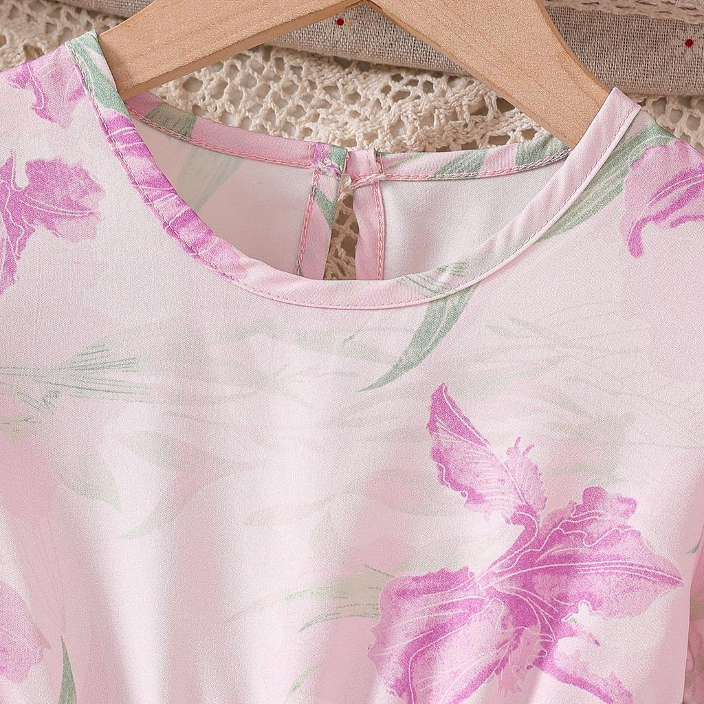 Summer Girls' Floral Puff Sleeve Dress with Round Neck and Waist-Cinching Design
