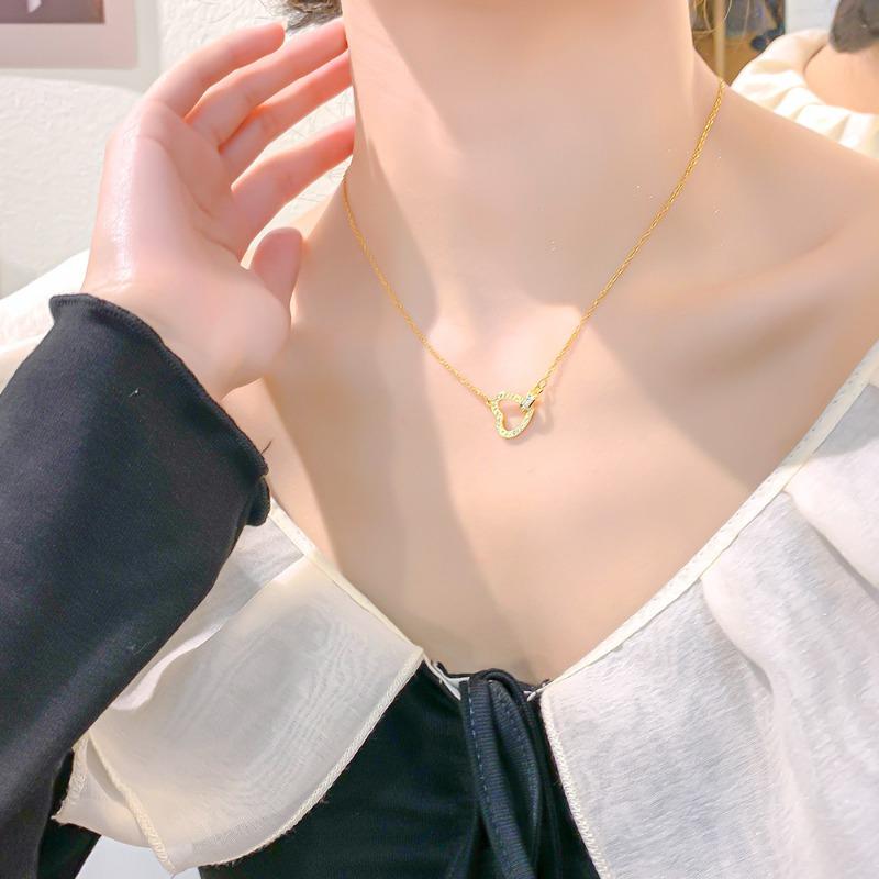 Korean Japanese Style Rhinestone Heart Double Ring Titanium Steel Clavicle Necklace For Women
