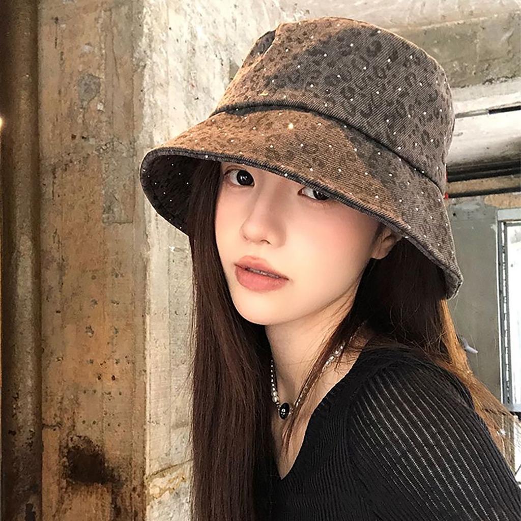 Fashion Leopard Bucket Hat for Women Cotton Sunshade Dome Basin Fisherman Cap Retro Shiny Sequins Girls Outdoor Hat