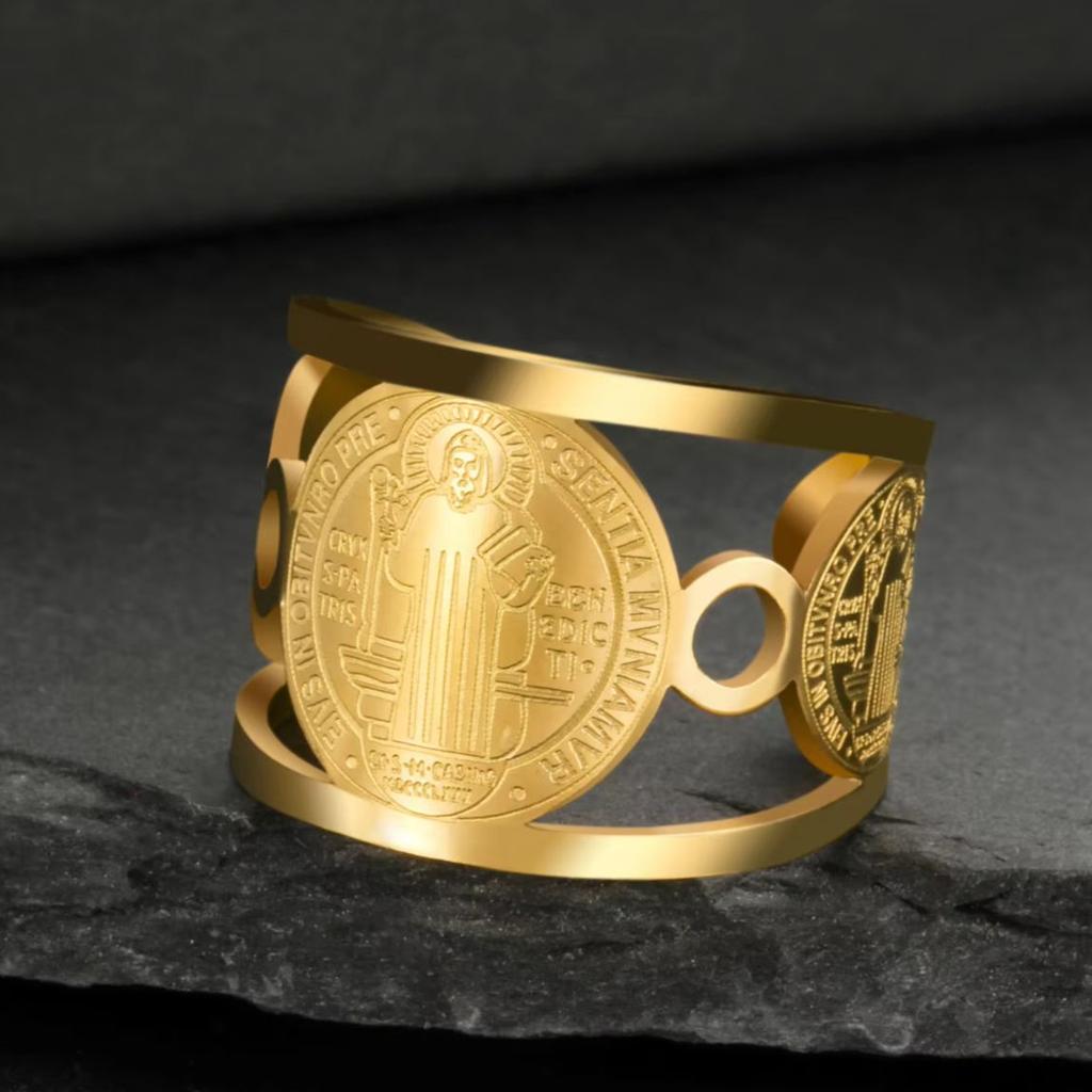My Shape Saint Benedict Medallion Hollow Rings for Women Men Stainless Steel Religious Open Adjustable Finger Ring Jewelry Gifts