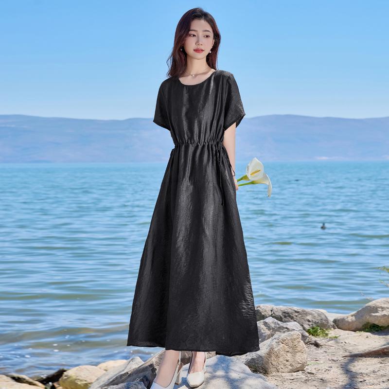 2025 Summer Loose Women's Round Neck Short Sleeve Slimming Long Dress