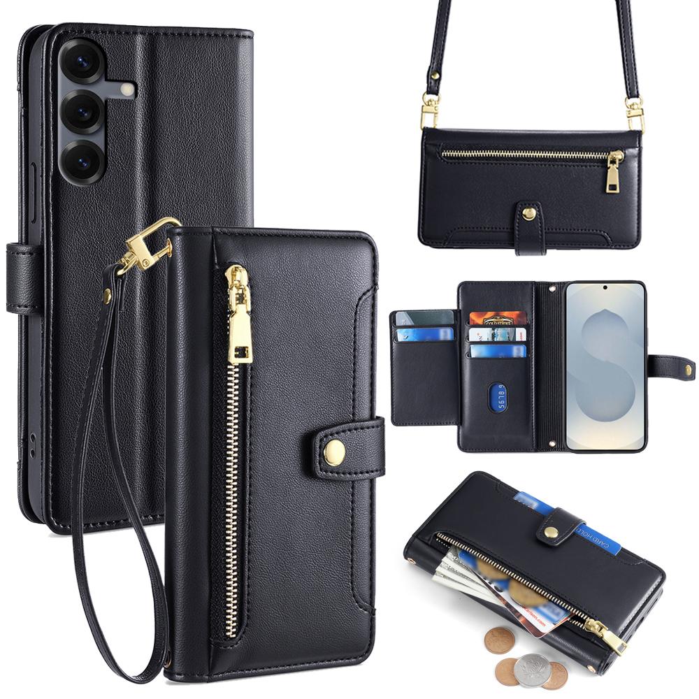 For Samsung Galaxy S25 Leather Case Zipper Pocket Wallet Phone Cover with 2 Straps