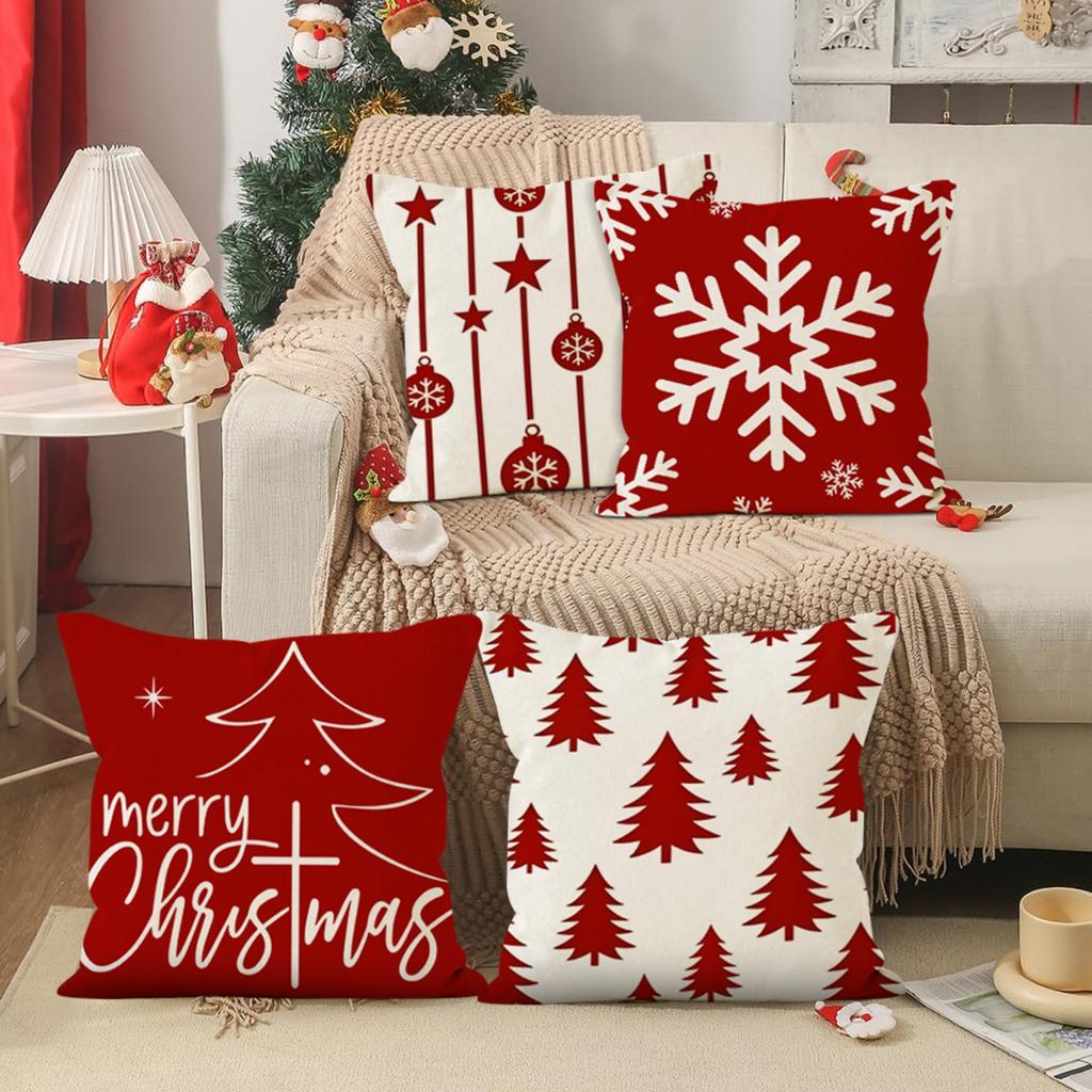 Christmas Pillowcase Red Christmas Tree Snowflake Print Pillowcase