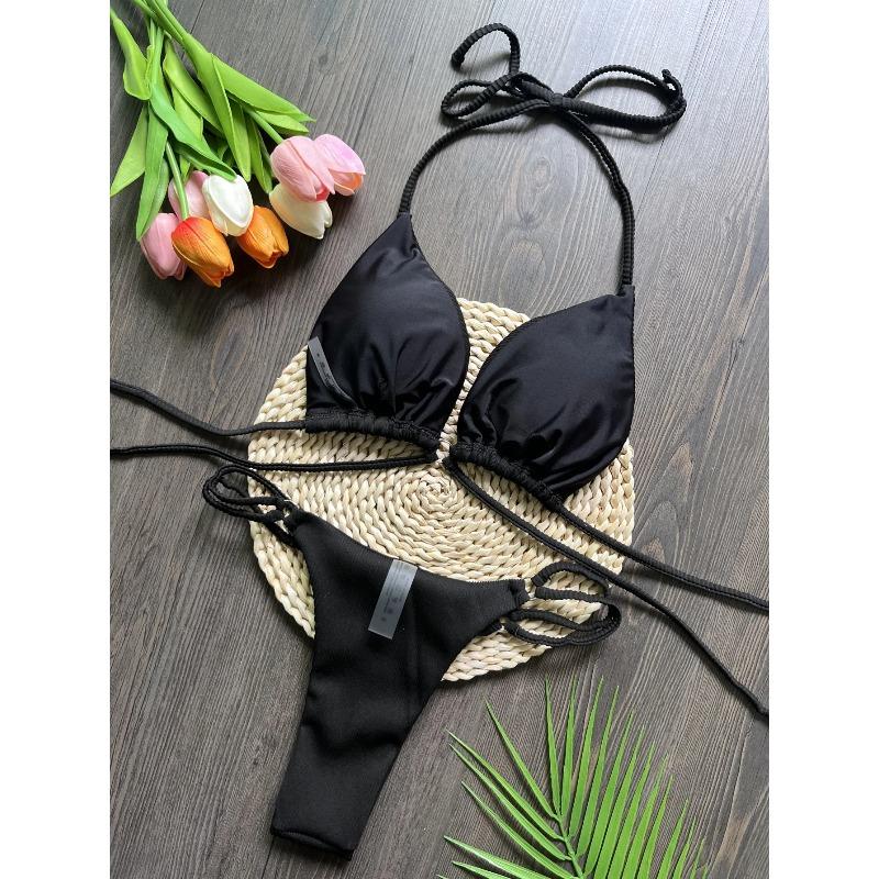 Bandage Swimsuit Women Sexy Bikini Ribbed Swimwear Triangle Bikini Set Two Piece Suit Beachwear Micro Thong Biquini
